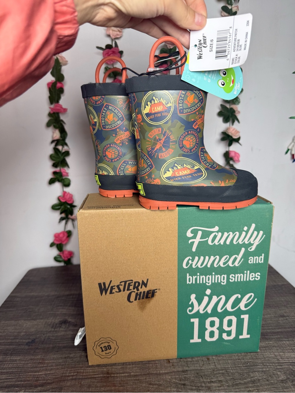 Western Chief Kids Green Adventure Badge Rain Boots with fluffy interior